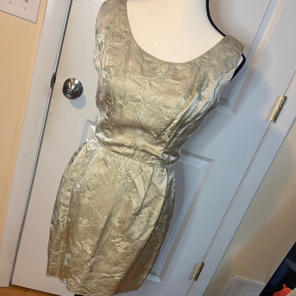 Vintage 1960 Dynasty‎ Mid Century PinUp Champagne Beige Floral Cocktail Dress XS
